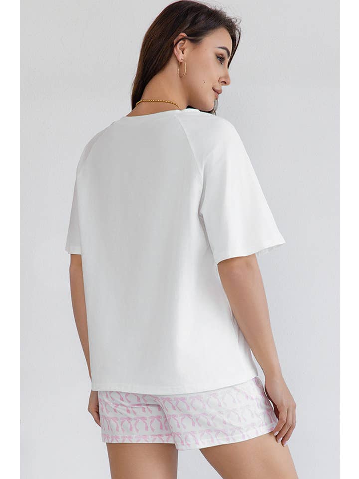 White Bow Knot Print Short Sleeve Shirt and Shorts Lounge Set for wholesale on Faire