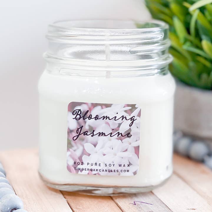 BLOOMING JASMIN | Pot Mason 8 oz | Bougie de soja 100% pur pour la vente par Timber Oak Candles