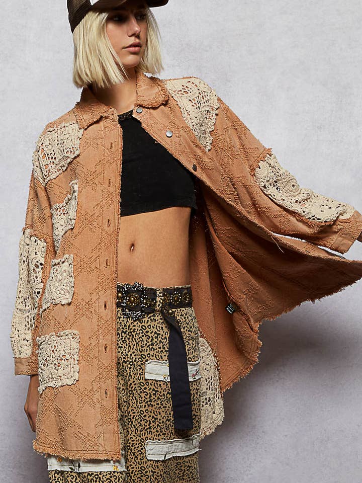 Vintage Washed Oversize Crochet Patches Shacket for wholesale by Pol Clothing