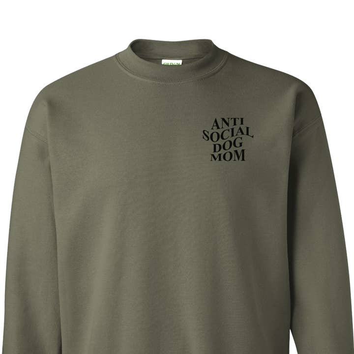 Anti Social Dog Mom Embroidered Crewneck in Military Green for wholesale by Timber & Co