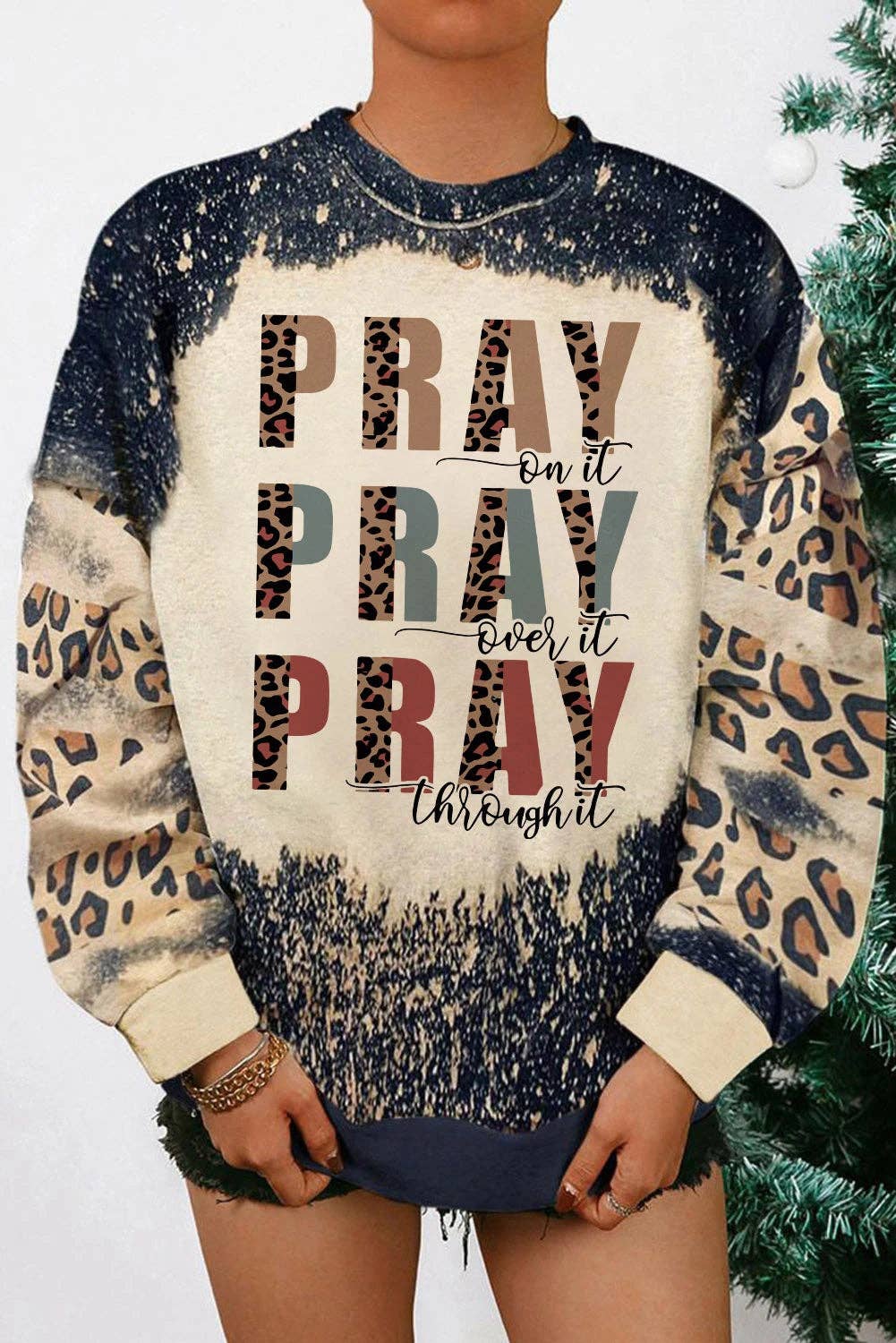 Black PRAY Letter Leopard Bleached Color Block Sweatshirt for wholesale on Faire1