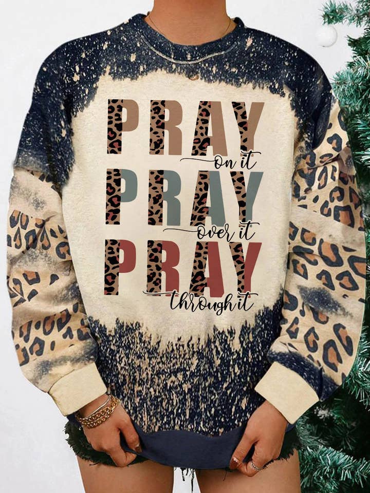 Black PRAY Letter Leopard Bleached Color Block Sweatshirt for wholesale on Faire1
