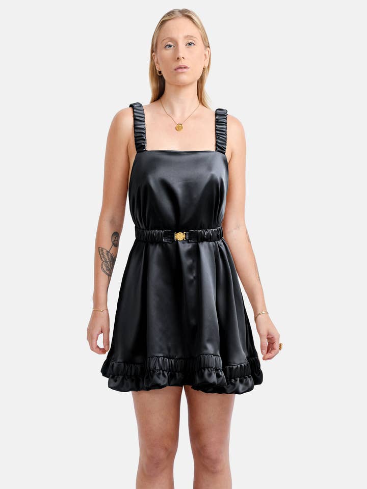 Ripple - Elegant Satin Mini Dress, Ruffled Silky Slip Dress for wholesale by Kargede