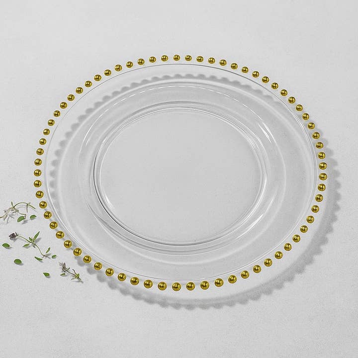 Vikko - Mirage, Glass Charger, Clear With Gold Beads, 13" for wholesale by Kadra Kitchenware