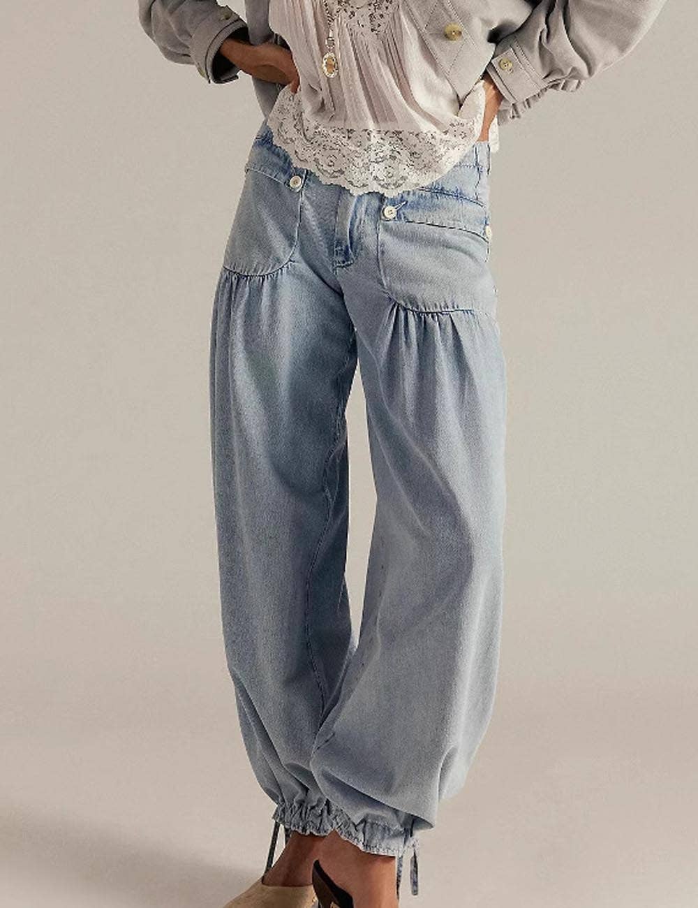 Dipped Shop - Wholesale Jeans - Women's - Simple Ruched Drawstring Cuffed Denim Pants DP25E4813