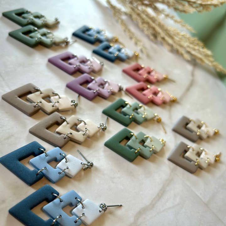 Geometric Clay Earrings – Layered Drop Style, 5 Colors for wholesale by Lady Bug Custom Gifts