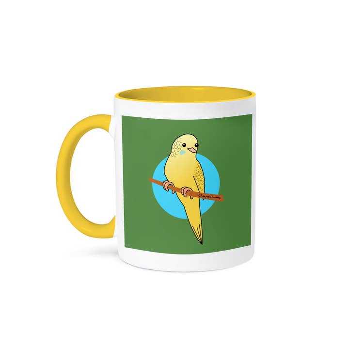 3dRose - Wholesale Coffee Mug - 3dRose, Cute Yellow Budgie - Happy Cartoon Budgerigar parrot - kawaii cartoony Green design by Chirpy Chums, Mug