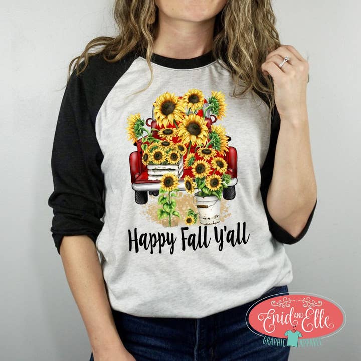 Happy Fall Y'all Sunflower Truck Raglan 3/4 Sleeve Shirt for wholesale by Enid and Elle