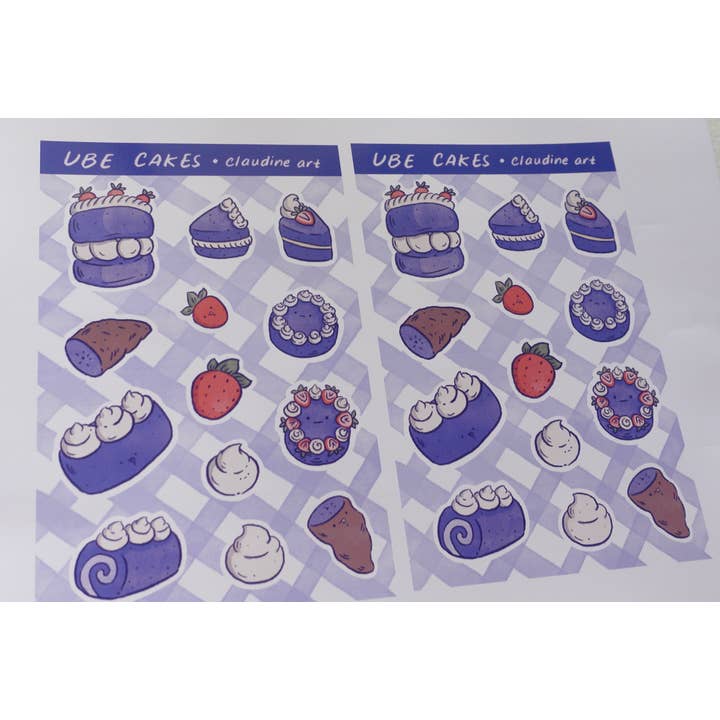 Ube Cakes Sticker Sheet, Filipino food art for wholesale by Claudine Castro Art
