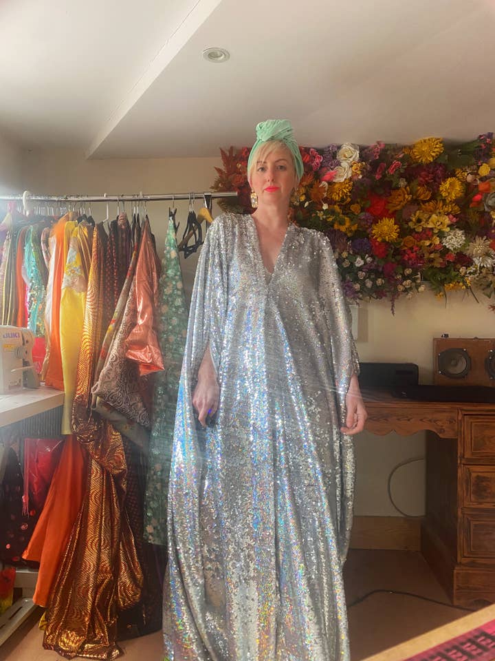 Fumbalinas - Wholesale Kaftan - Women's - Silver Metallic Holographic/ Sequin Kaftan Gown / Dress65