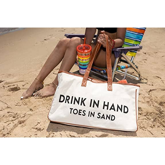 Funky Junque – wholesale Tote bag – Women's – Large Cotton Tote Bag - Drink in hand toes in sand1
