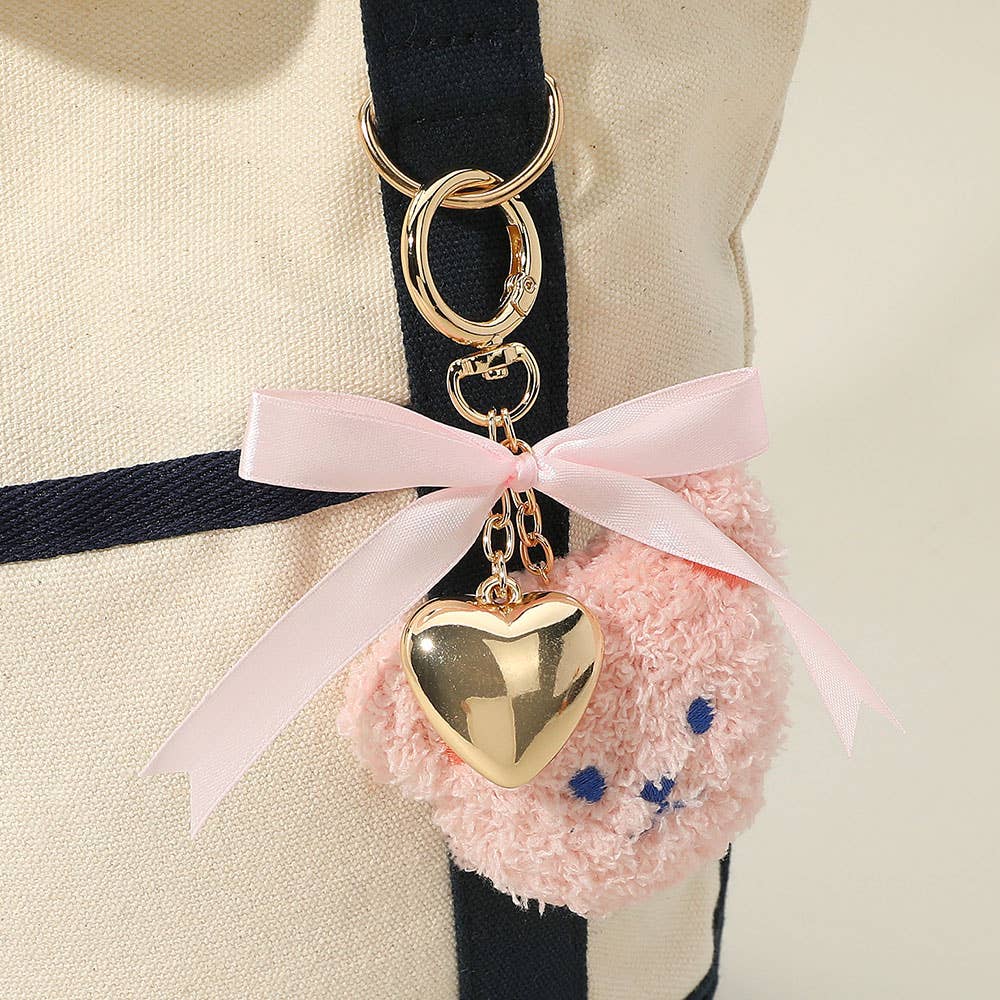Sensibling Corp. - Wholesale Keychain - Women's - Bow Metal Heart Charm Fluffy Teddy Bear Face Plush Doll Keychain / Bag Charm3