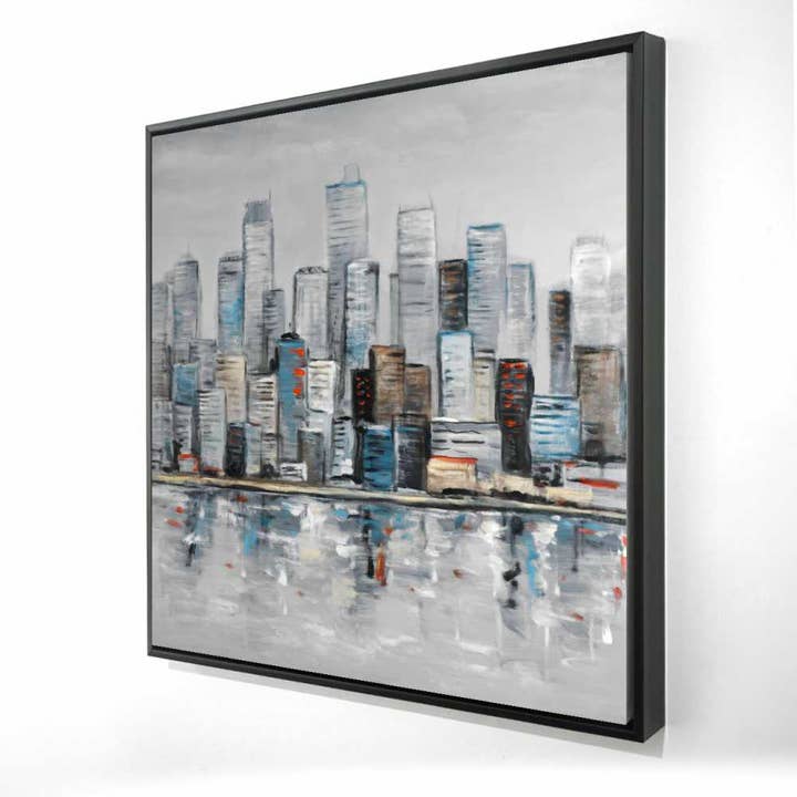 Abstracto Horizonte Urbano | Lienzo enmarcado azul para decoración del hogar para venta al por mayor de BEGIN HOME DECOR