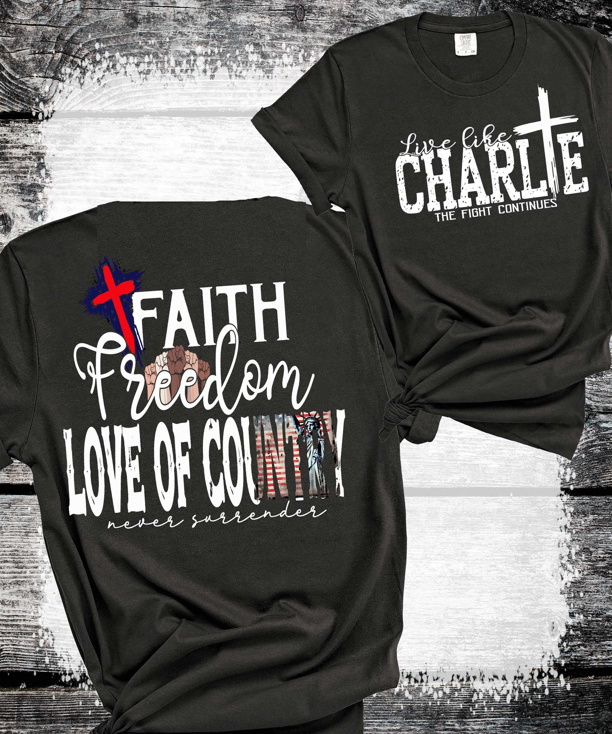 A Blessed Texas Mess Boutique - Wholesale Graphic Sweatshirt - Women's - Live Like Charlie trending Kirk The fight Continues Freedom1