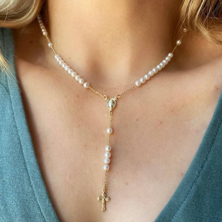 GoldFi - Wholesale Prayer Beads Necklace - 18k Gold Filled Our Lady of Graces Pearl Rosary Necklace