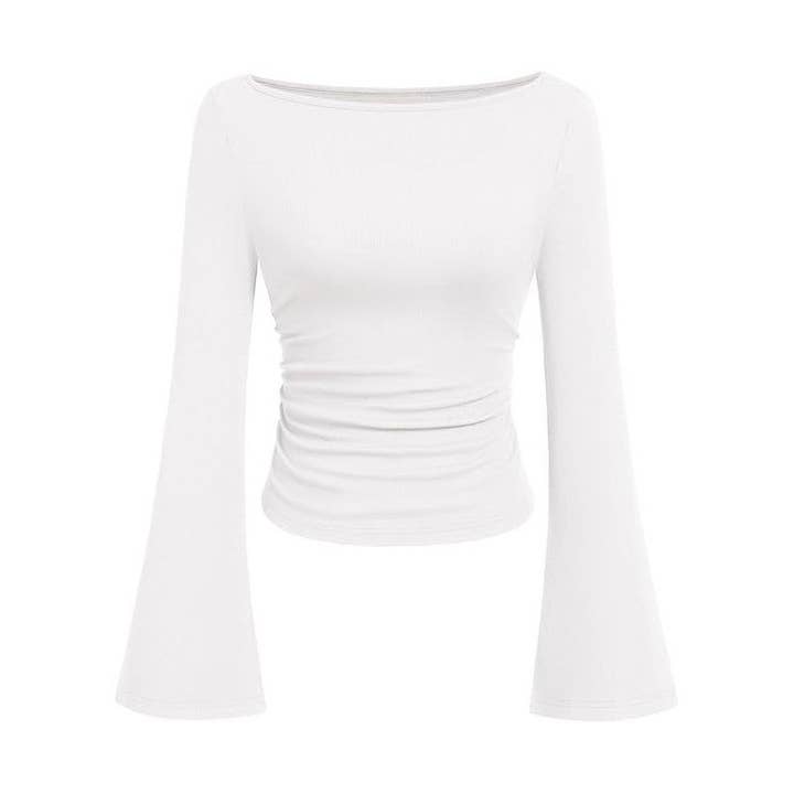 Effen Kleur Boothals Trompetmouw T-Shirt voor wholesale door kycozy