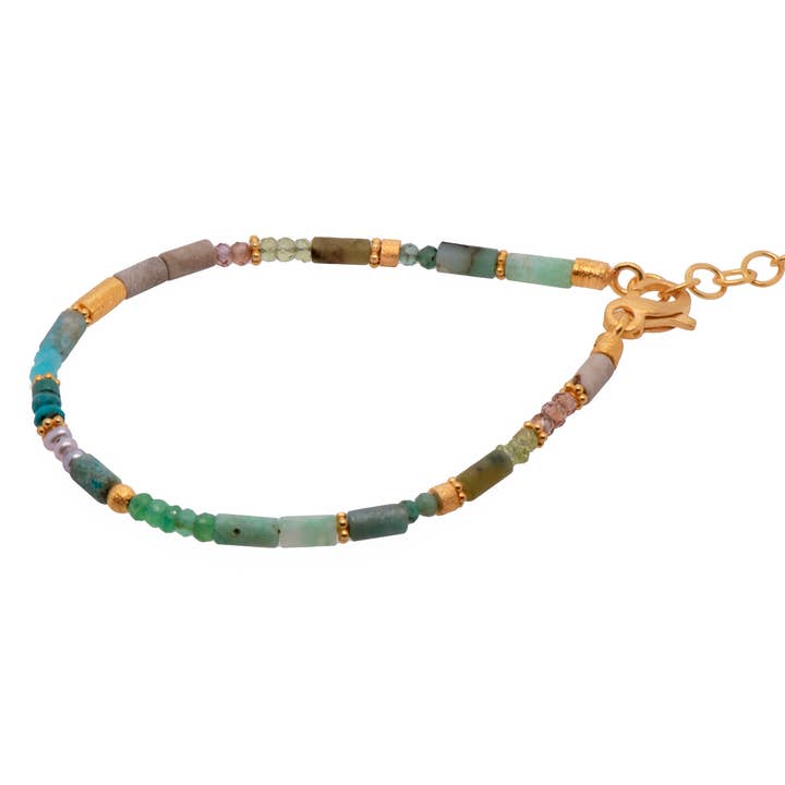 Chrysoprase, Amazonite , Jasper, Emerald, Prehnite, Peridot, Zircon, Turquoise, Chrysocolla, and Pearl 3mm Bracelet Fair Trade 24K Gold Vermeil for wholesale by Joyla Jewelry