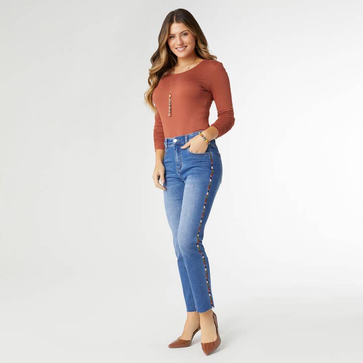 Medium Denim EverStretch Straight Ankle with Multi Colored Stripe for wholesale on Faire