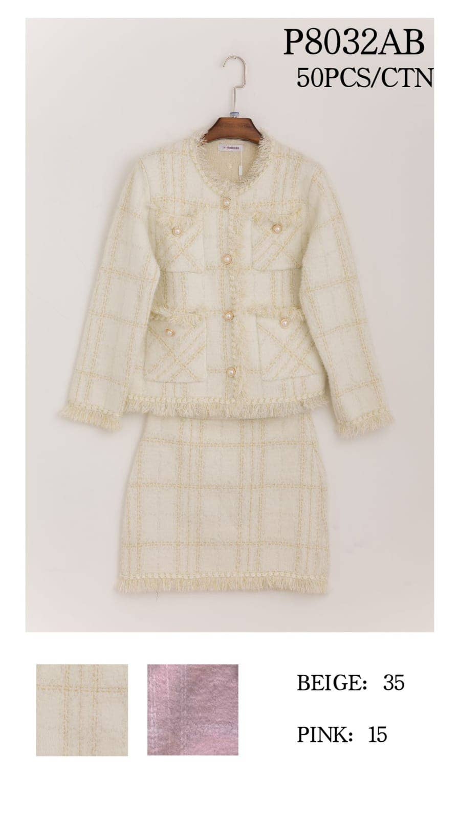 Kurt Muller – wholesale Top & skirt set – Women's – Boucle Pearl Ch Frayed Skirt Two Piece Coord Set3