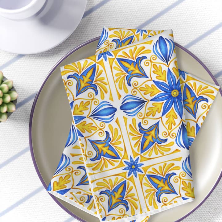 Blanc Serviettes à carreaux bleu-jaune, ensemble de 4 serviettes de table en tissu provençal, céramique bleue, province française, maison de campagne française en vente sur Faire