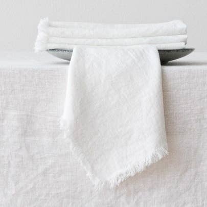 Linen Napkin Optical White Terra Fringe, European flax for wholesale by LinenMe