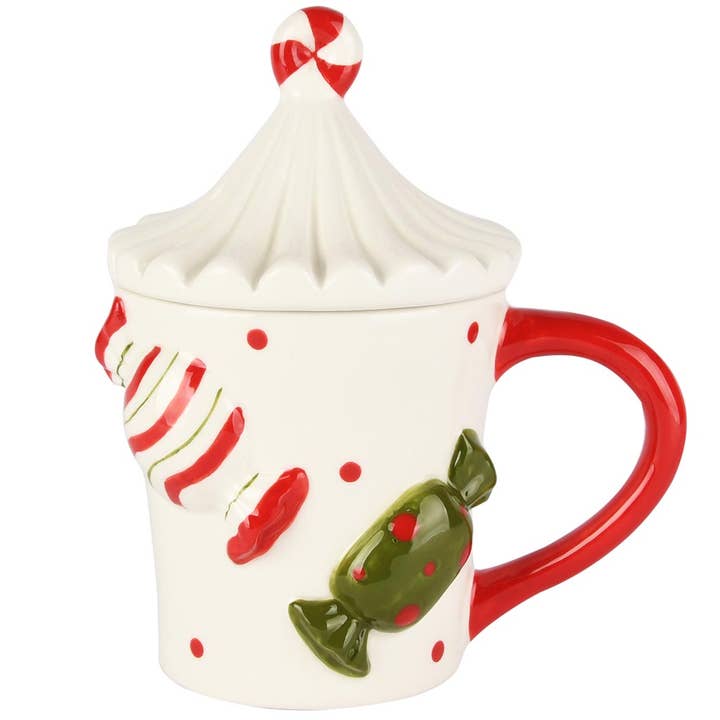 Mugg med lock 'Candy Carrousel', röd/vit, keramik, 14x11x17cm för wholesale av Dekoratief
