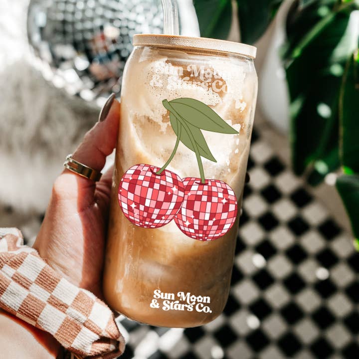 Disco Cherry Coquette 16oz Glass Can for wholesale by Sun Moon & Stars Co.