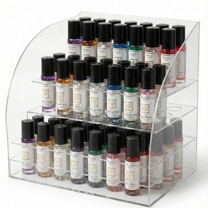 Ensemble de 64 pièces d'huile corporelle parfumée roll-on de 1 oz avec présentoir gratuit pour la vente par pristine fragrance