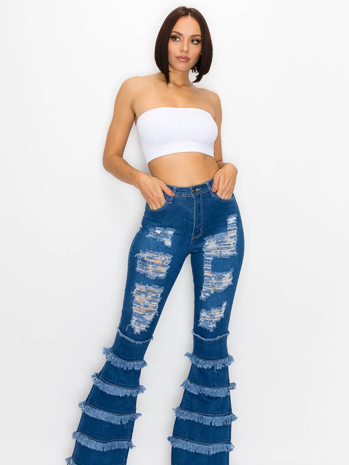 JAZZ-034 35 36 JEAN VIEILLI TAILLE HAUTE À BAS CLOCHE pour la vente par Denim Zone U.S.A.