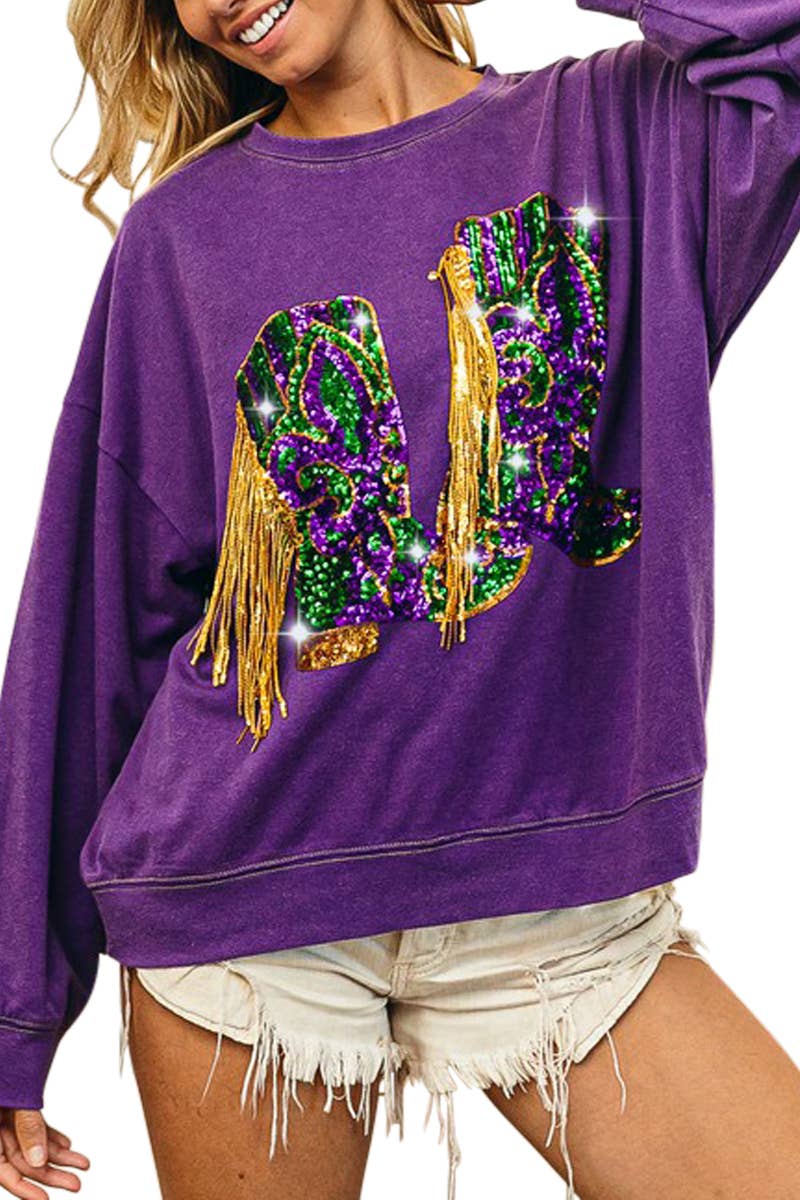 Mardi Gras Color Block Half Zip Up Hoodie with Fleur De Lis Sequin