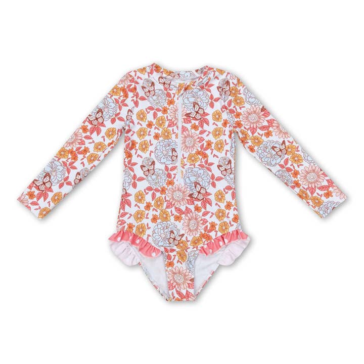 Long sleeves floral butterfly baby girls swimsuit for wholesale by Yawoo Garments