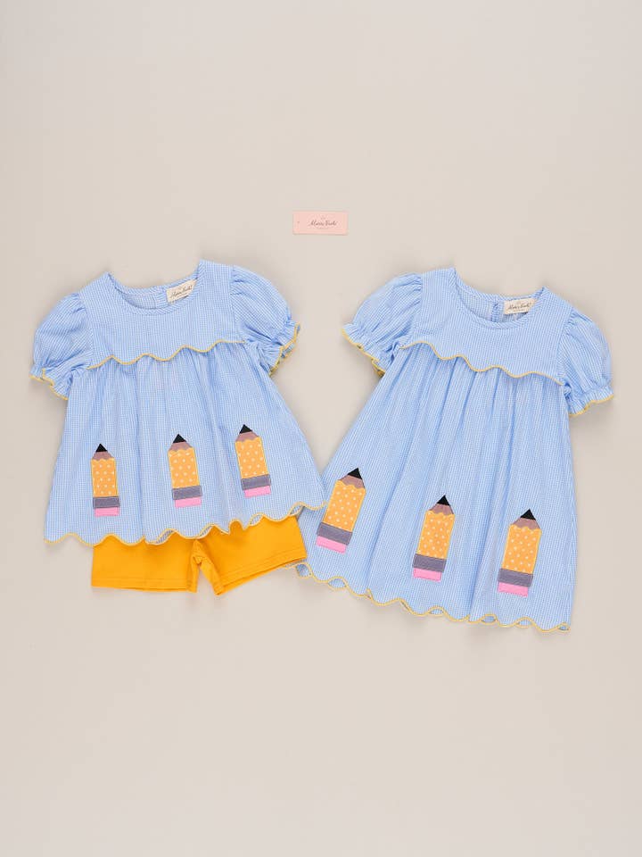 Marie Nicole Clothing - Wholesale Top & Short Set - Kids - Scallop Hem Embroidered Pencils Outfit6