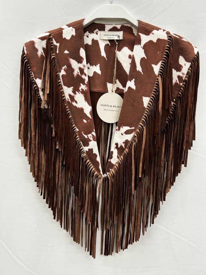 Saints & Hearts - Wholesale Outerwear Vest - Women's - SIJ5247B COW PRNT TRENDY WESTERN FRINGE SUEDE COLLAR / SHRUG6