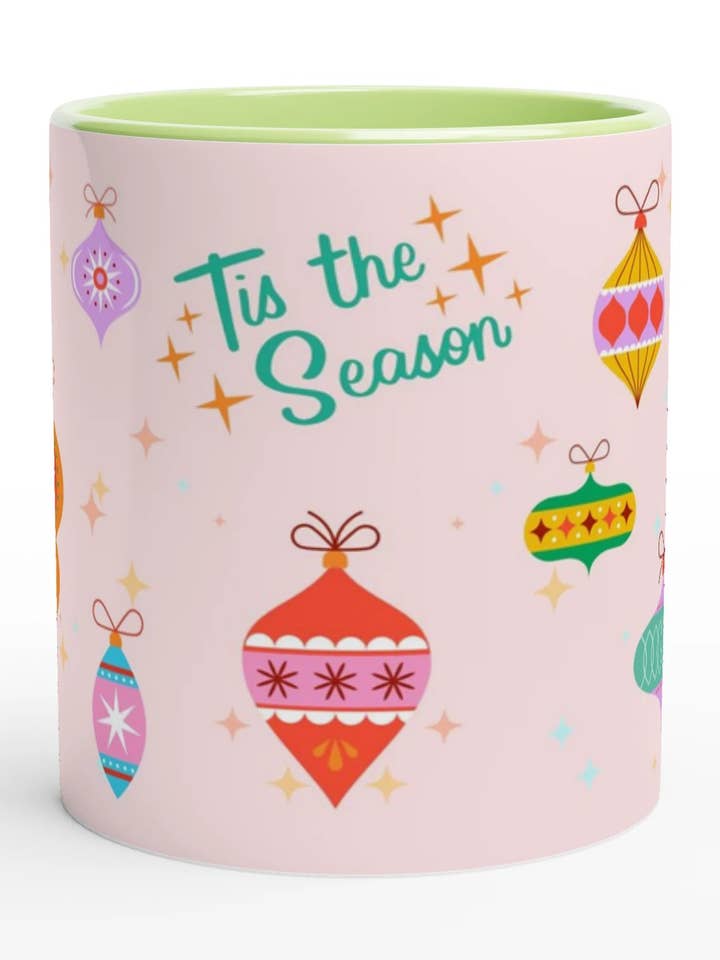 Mod Palm Springs Ornament Holiday Mug – 11oz Ceramic with Contrasting Green for wholesale by Golly Gee Press