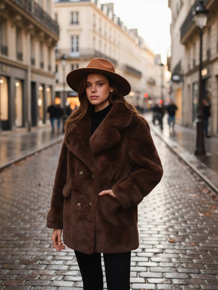 Casaco de pele falsa com abotoamento duplo - DD002 por atacado de MOOYA