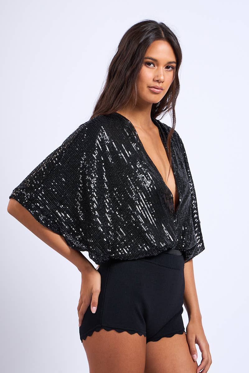 Sky to Moon - Wholesale Bodysuit - Women's - SEQUIN GLITTER PLUNGING NECK HALF SLEEVE BODYSUIT11