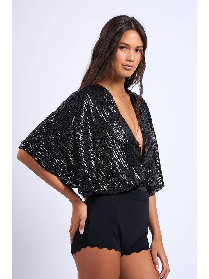 Sky to Moon - Wholesale Bodysuit - Women's - SEQUIN GLITTER PLUNGING NECK HALF SLEEVE BODYSUIT11