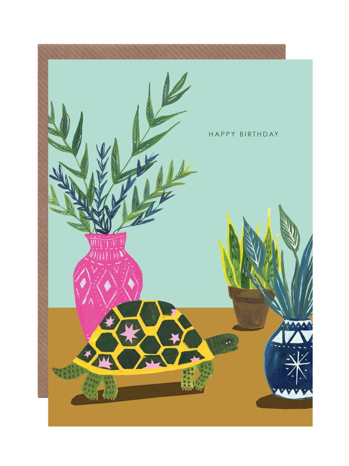 Tarjeta de felicitación de cumpleaños con texto «Tortoise and plants» para venta al por mayor de Hutch Cassidy (Greetings Cards and Paper Goods)