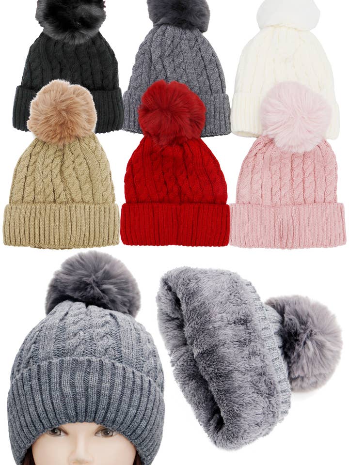 Cable Garter Knitted Fleece Lined Pom Beanie for wholesale by Cap Zone