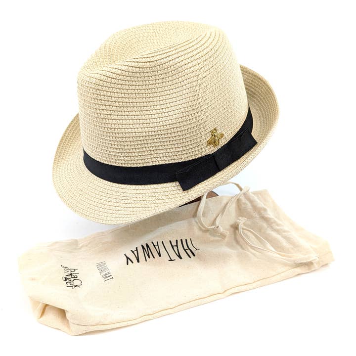 Black Ginger - Wholesale Straw Hat - Women's - Trilby Style with Bee Detail Foldable Hat (with Bag)