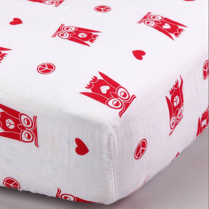 Peace & Love Owl Muslin Fitted Crib Sheet for wholesale by Bambino Land