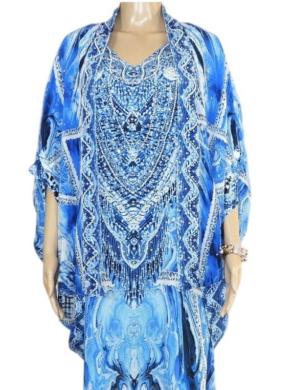 Mantella corta in seta blu svasata per la vendita all'ingrosso da parte di Kaftans that Bling