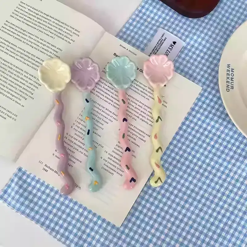 Otterware - Wholesale Table Spoon (Cutlery) - Whimsical Wavy Handle Flower Ceramic Dessert Spoons 4 colors10