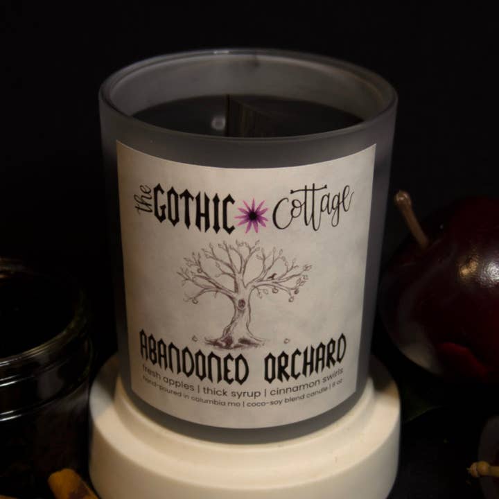 Apple & Cinnamon—8oz black candle | Abandoned Orchard for wholesale by The Gothic Cottage