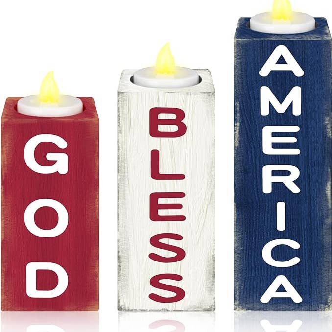 3 Pcs Patriotic God Bless America LED Wood Candle Holder Set for wholesale by Crover