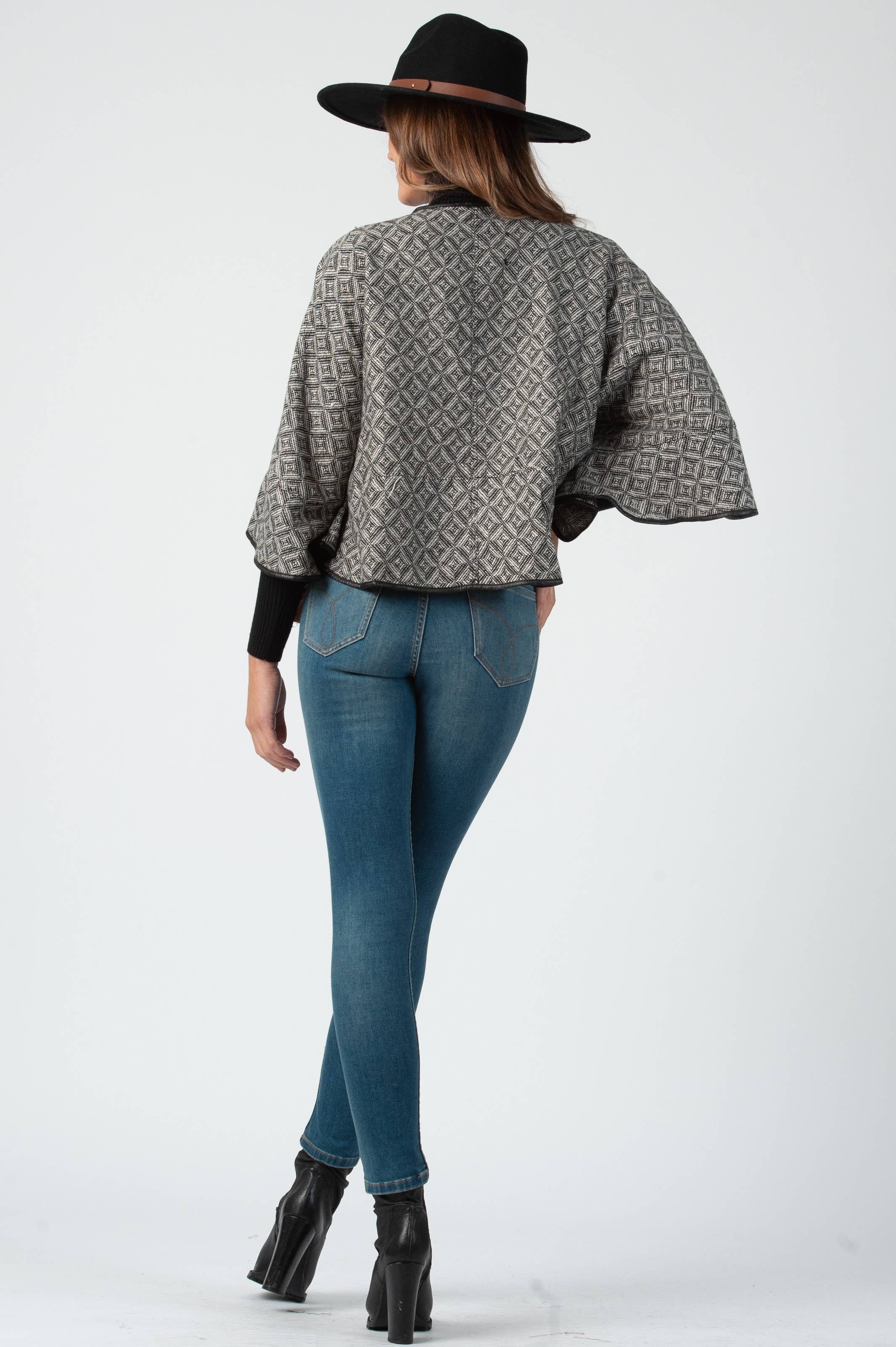 BLACK WHITE Tweed Herringbone Cape Jacket with Faux Leather Trim for wholesale on Faire2