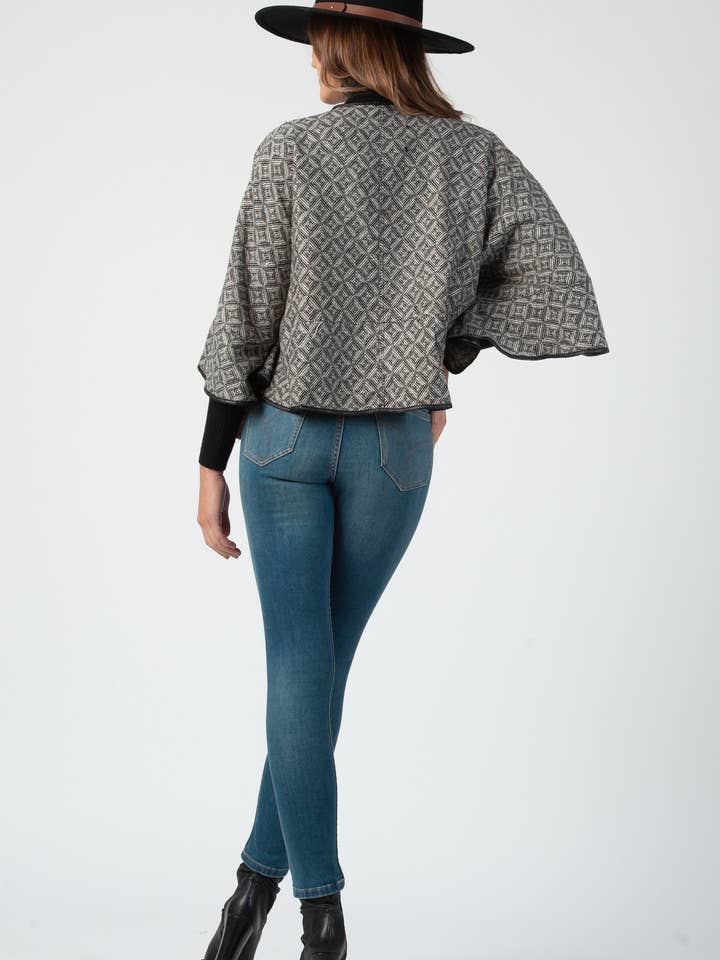 BLACK WHITE Tweed Herringbone Cape Jacket with Faux Leather Trim for wholesale on Faire2