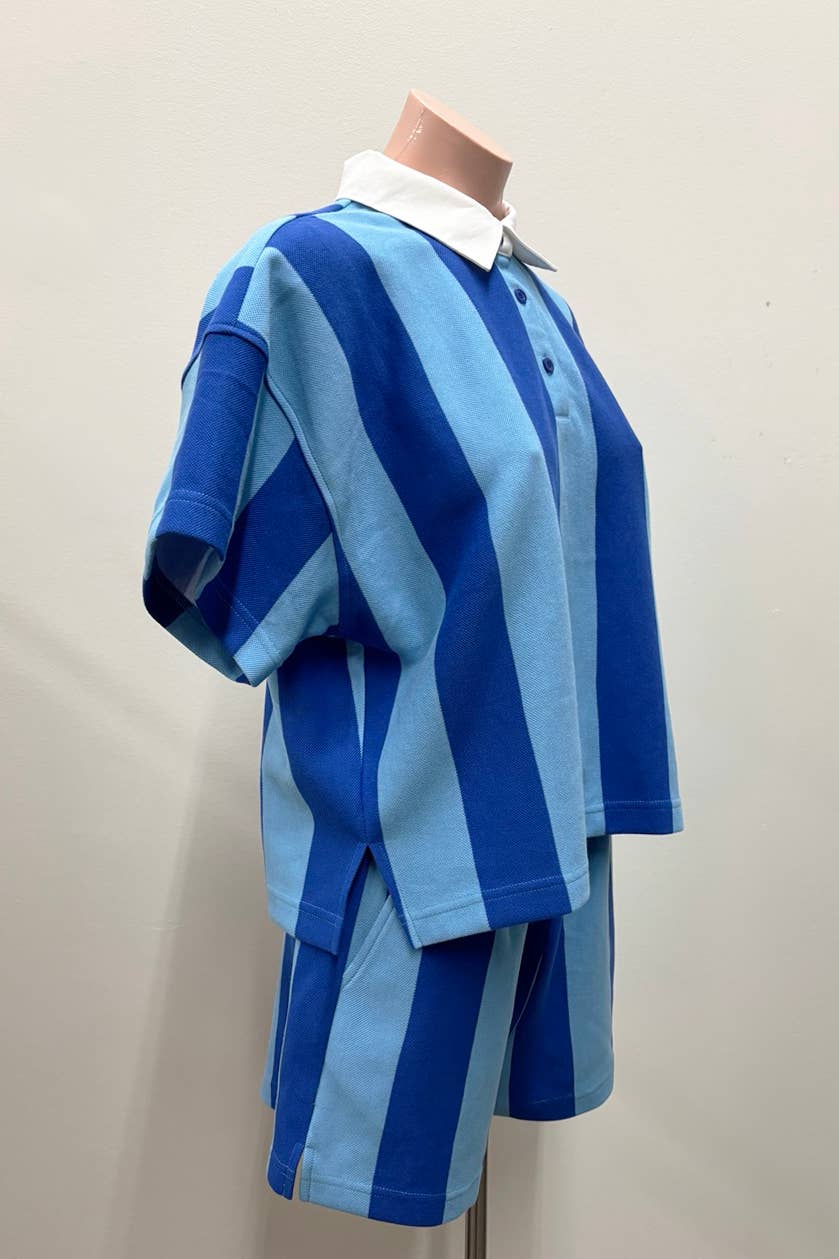 No Vacancy - Wholesale Lounge Set - Women's - Vertical striped short slv rugby top & shorts set6