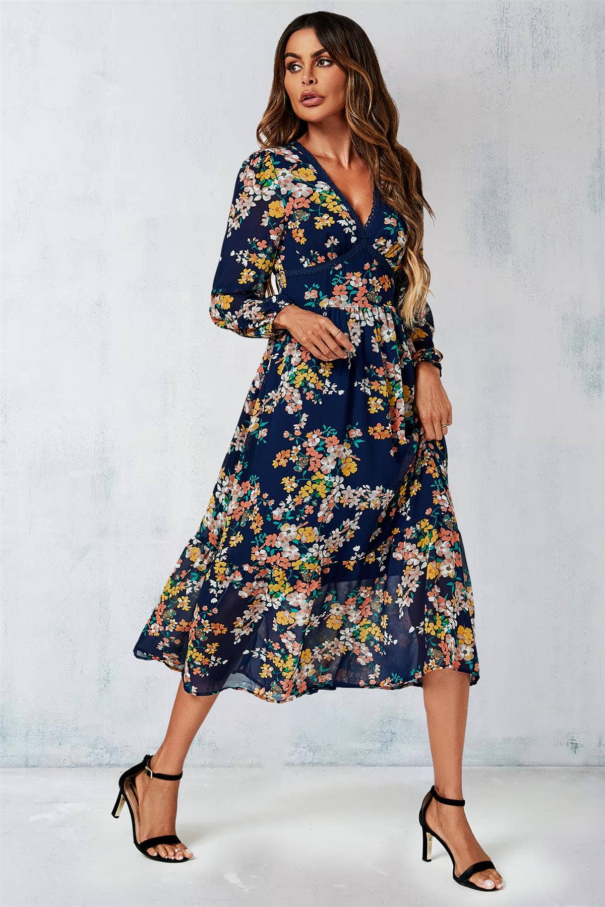 Floral Print Long Sleeve Maxi Dress In Navy for wholesale on Faire5