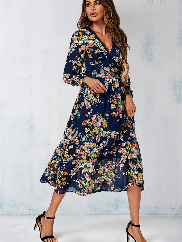 Floral Print Long Sleeve Maxi Dress In Navy for wholesale on Faire5